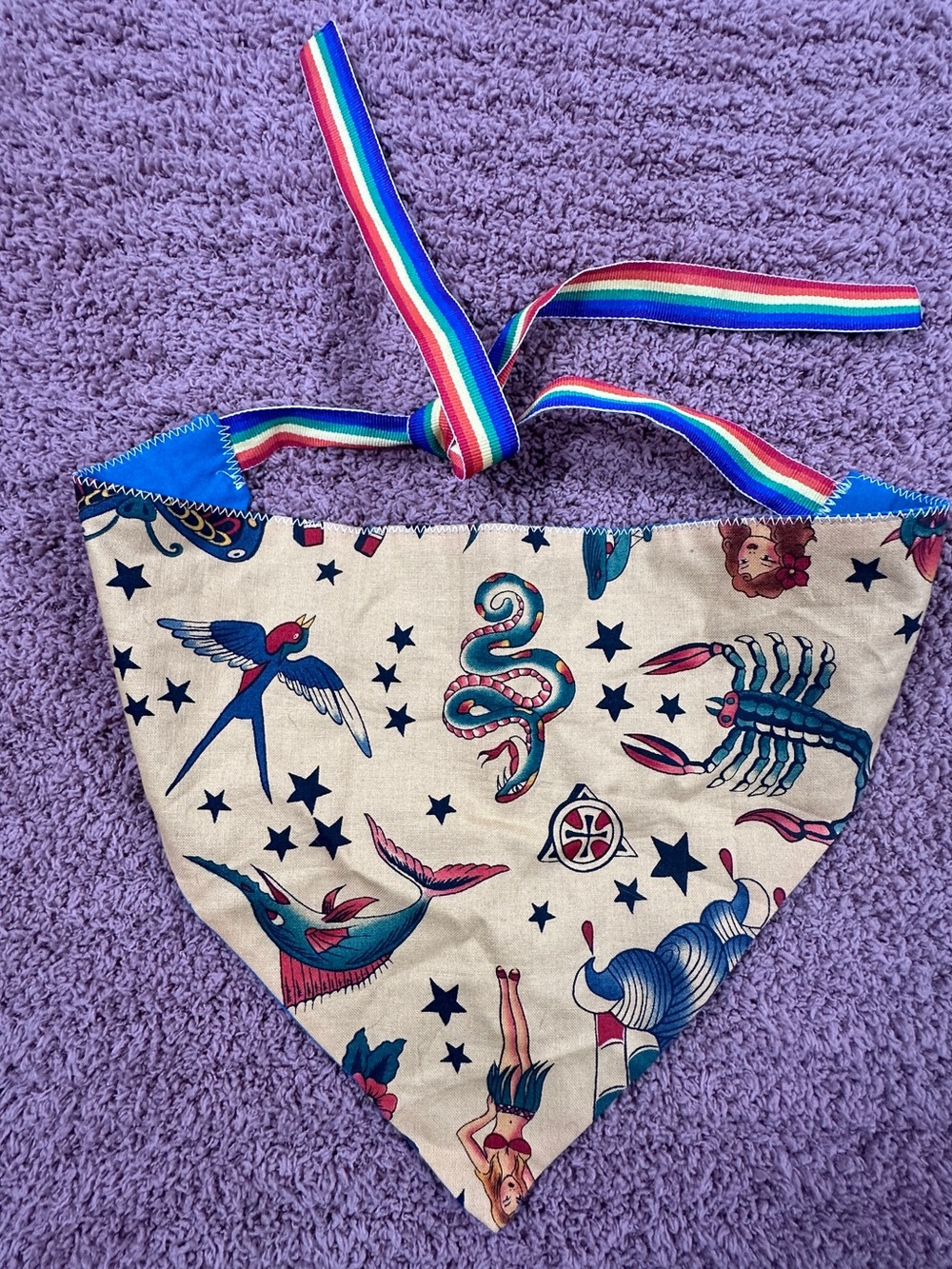 Handmade Rainbow-Striped Tie Dog Bandana with Nautical Tattoo Print